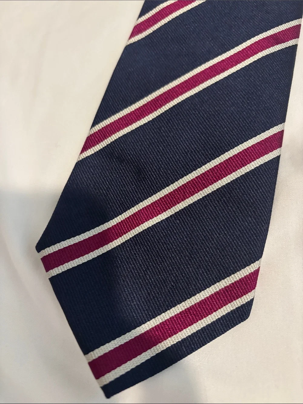 Navy Striped Men's Tie with Burgundy and White Accent